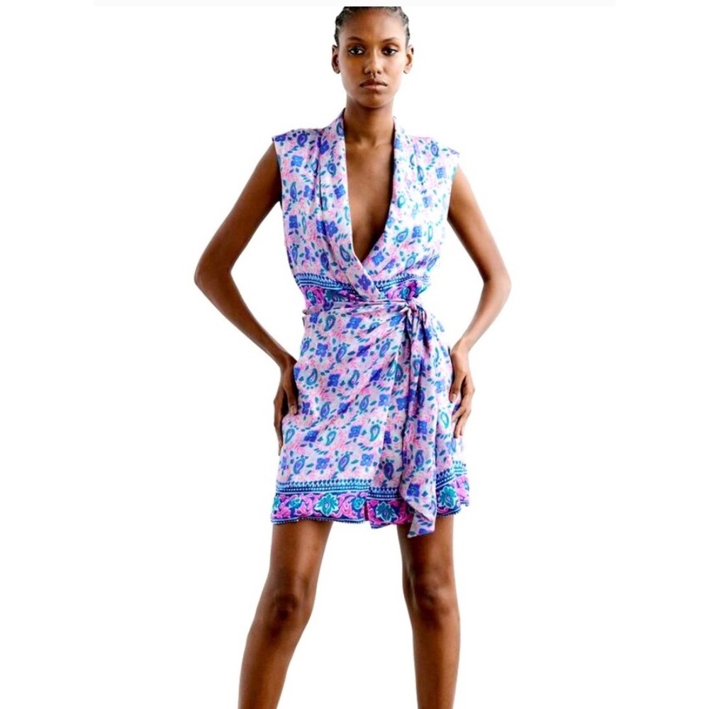 Zara Womens Paisley Floral Wrap Mini Dress Pink Blue Sleeveless V-Neck Large